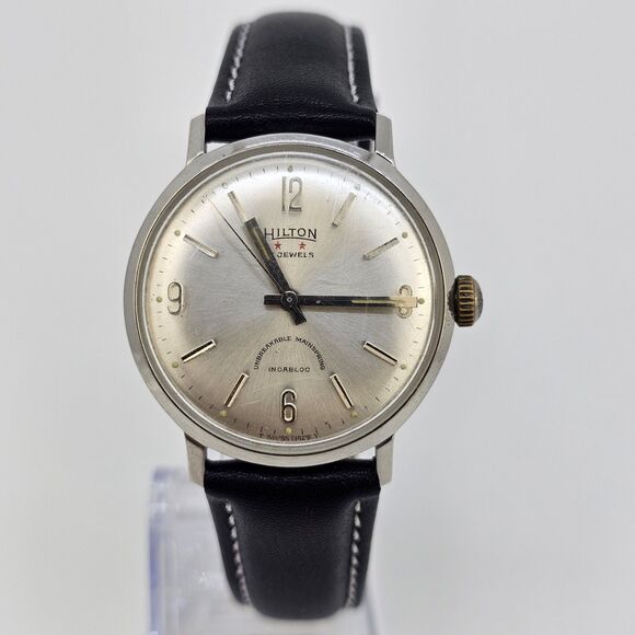 Hilton Other - VTG Hilton Automatic Men's Watch 34MM‎ Gray Dial Swiss New Black Leather Bands